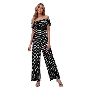 Polka Dot Jumpsuit Romper Wide Leg Jumper Ruffle Collar Off Shoulder One Piece